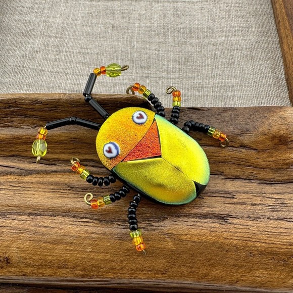 Multicolor Shimmery Dichroic Art Glass Beaded Scarab Bug Insect Brooch 1.5" OOAK - Picture 3 of 14